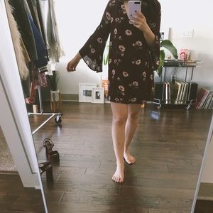 Maroon Floral Long Sleeve Flowy Dress